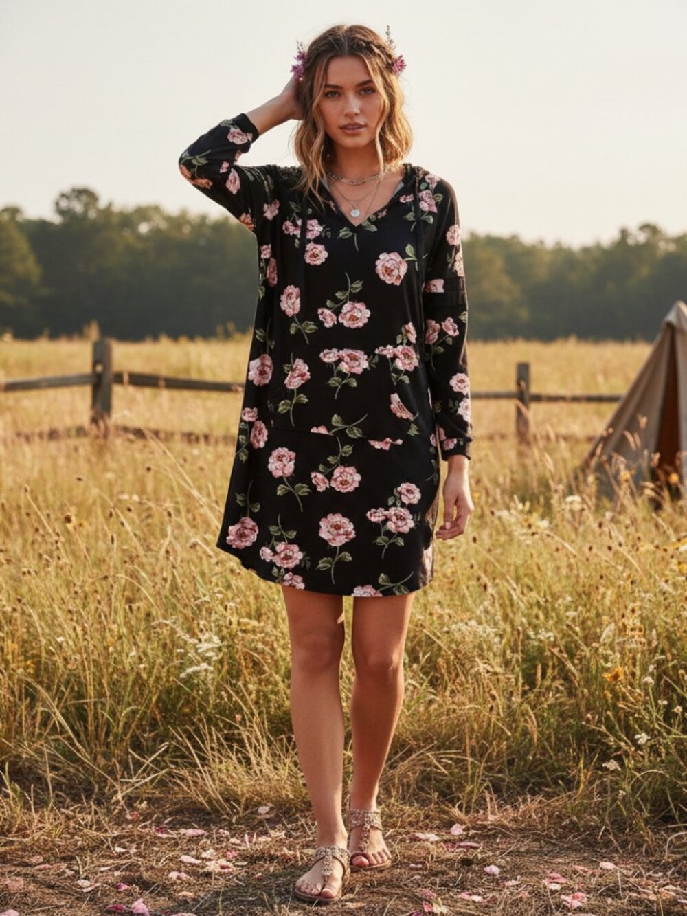 No Boundaries XL 15 17 Dress Black‎ Pink Floral Hoodie Knit Mini Boho Casual